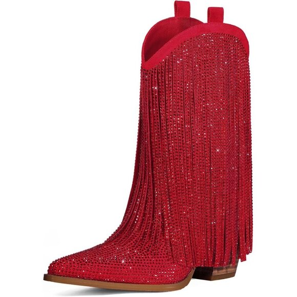 Shoes - Women's Red Rhinestone Sparkly Fringe Chunky Heel Pointed Toe Ankle Boots